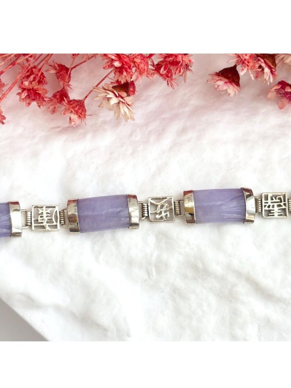 Lavender Jade | Nephrite Chinese Character Vintage Sterling Silver 925 Bracelet